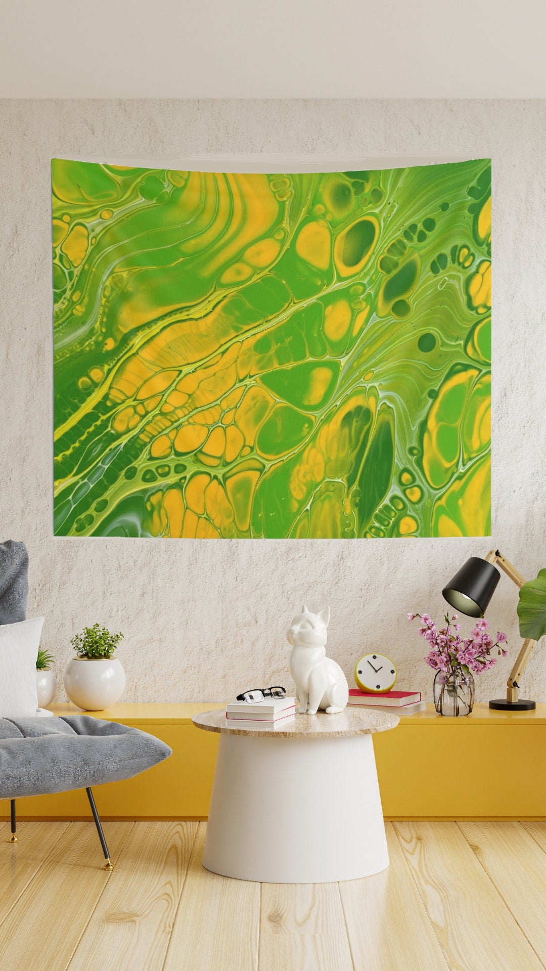 Wall Tapestry with Psychedelic Green, Yellow, Trippy Design