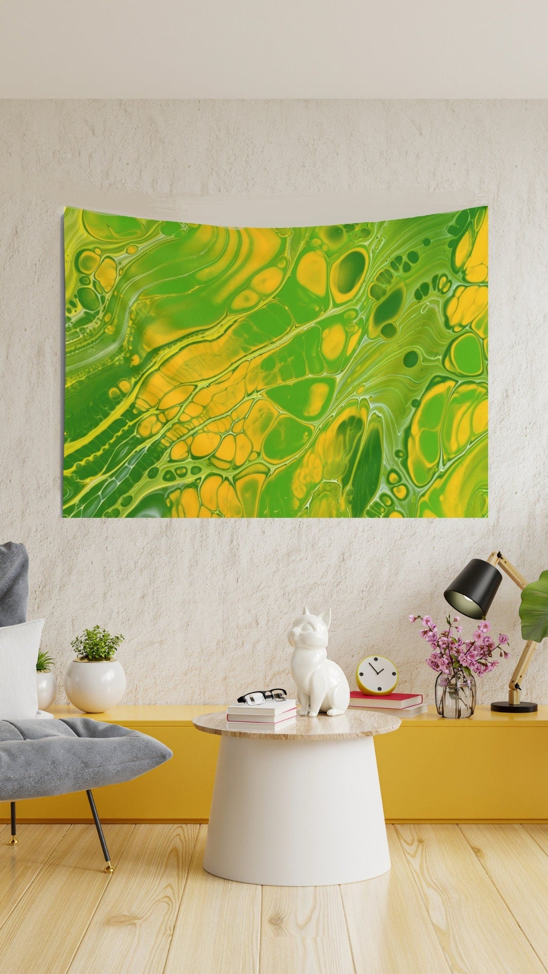 Wall Tapestry with Psychedelic Green, Yellow, Trippy Design